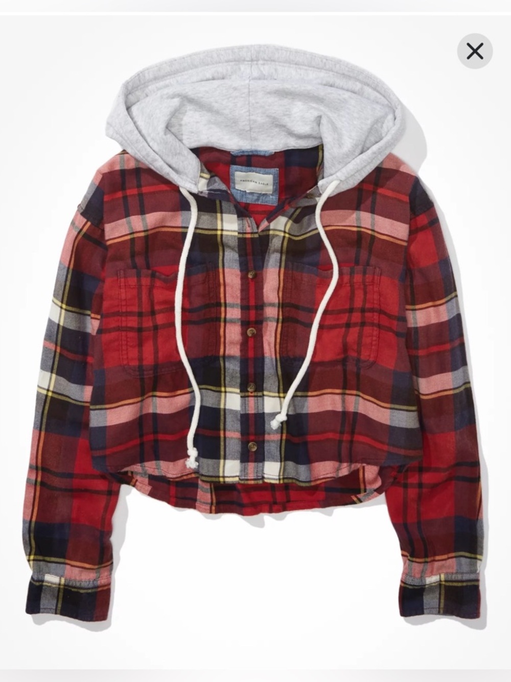 American Eagle Cozy Cabin Cropped Hooded Flannel Shirt, Size Medium